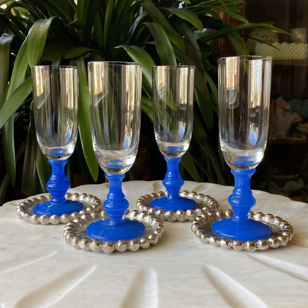 Vintage Set of 4 Villeroy & Boch Isabelle Blue Marble Fluted Champagne Glasses
